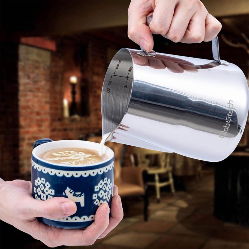 GLOBOTECH 32 Oz Milk Frothing Pitcher - 900ml Milk Frother Cup, Milk Steamer Cup, Stainless Steel Espresso Steaming Pitchers, Latte Art Cups, Milk Pitcher for Espresso Machine - Image 4